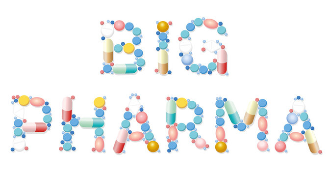Big pharma written with pills. Symbolic slogan or watchword for suspicious and problematic health and medicine business. Isolated vector illustration over white background.