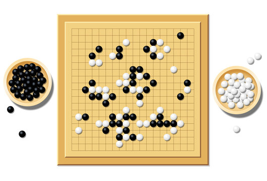 Gobang or go game board with a typical course of game, and two wooden bowls filled with black and white stones - a traditional chinese strategy game. Isolated vector illustration over white.