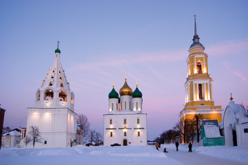 Sobornaya Square in winter dusk. Kolomna, Russia