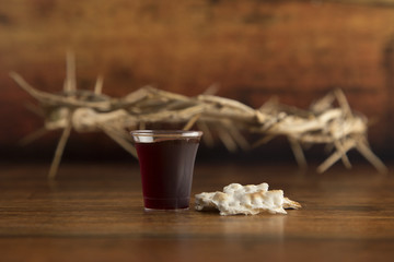 Christian Communion on a Wooden Table