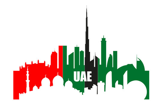 UAE landmarks and skyscrapers silhouettes.