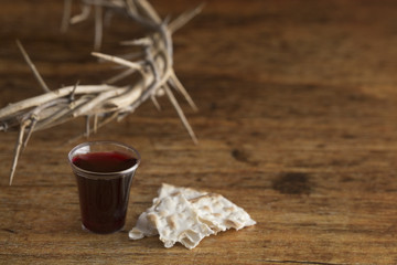 Christian Communion on a Wooden Table