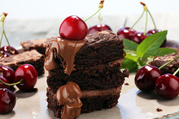 homemade chocolate brownies on rustic table. brownie bakery.