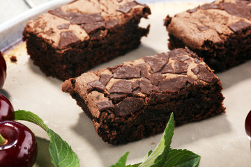 homemade chocolate brownies on rustic table. brownie bakery.