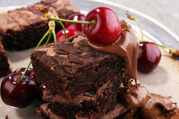 homemade chocolate brownies on rustic table. brownie bakery.