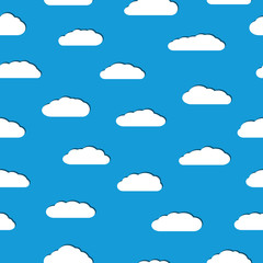 Seamless pattern of white clouds with shadows in flat style on light blue background.