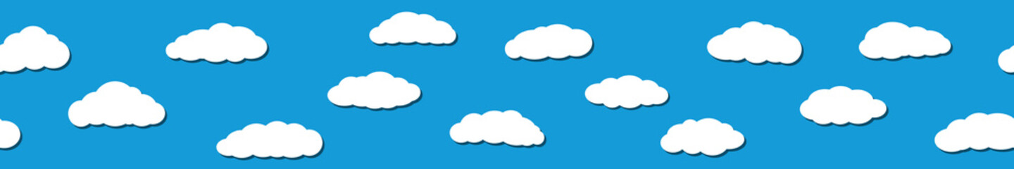 Seamless horizontal banner of white clouds with shadows in flat style on light blue background.