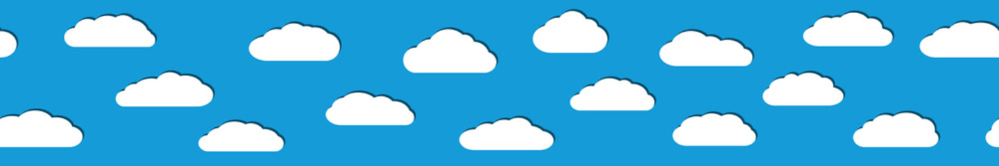 Seamless horizontal banner of white clouds with shadows in flat style on light blue background.