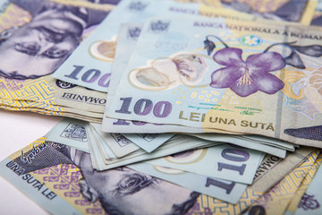 Romanian banknotes, close-up. RON Leu Money European Currency. Romania Value. Romanian banknotes as background. Lei is the national currency of Romania