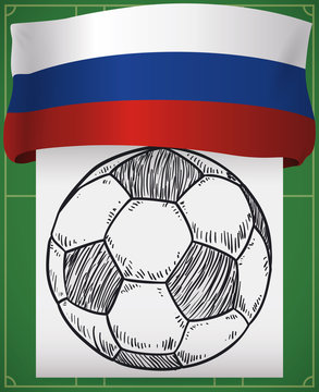 Soccer Field, Russian Flag and Ball for International Soccer Championship, Vector Illustration