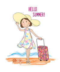 Summer travel card background lettering HELLO SUMMER, girl, luggage