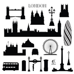 London city icon set. England landmark silhouette with lettering