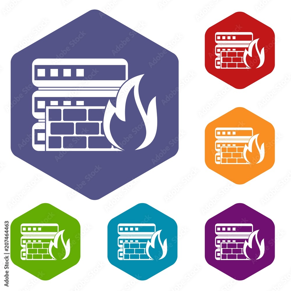 Poster Database and firewall icons set rhombus in different colors isolated on white background