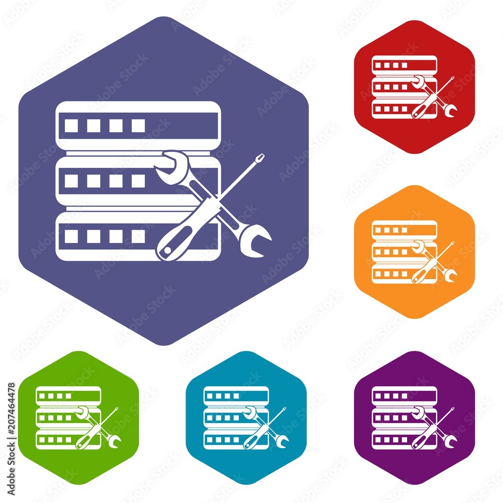 Poster database with screwdriver and spanner icons set rhombus in different colors isolated on white backgr
