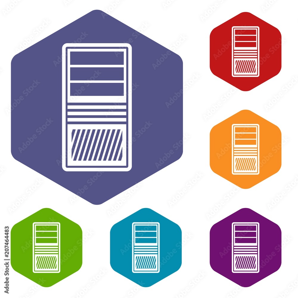 Poster black computer system unit icons set rhombus in different colors isolated on white background