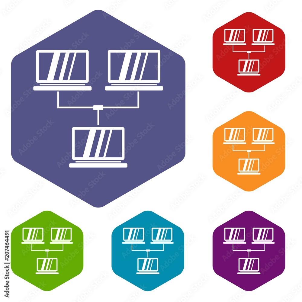 Poster exchange of data between computers icons set rhombus in different colors isolated on white backgroun