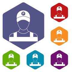 Parking attendant icons set rhombus in different colors isolated on white background