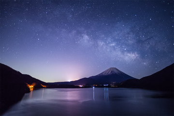 Mountain Fuji and Milkyway at Lake Motosu in winter season