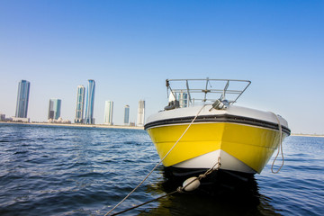 Yellow colour speedboat on Sharjah al qasba on 06th October 2017