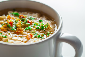 noodle soup in bowl. asian vegetable noudle soup. Vegetable soup on white background.