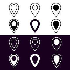 Location logo black and white vector check set, isolated map pointer, pin sign icons for web, mobile app, logo, infographics, game interface, ui, graphic design, GUI asset