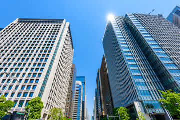 Fototapeta na wymiar 初夏の高層ビル群　Tokyo city landscape and fresh green in Otemachi Marunouchi.