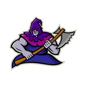 recommend clip art: Mascot icon illustration of a hooded medieval or absolutist executioner or headsman  carrying an axe viewed from front on isolated background in retro style.