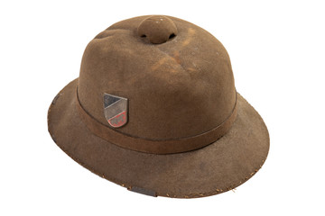 Vintage Second Pattern Wehrmacht Afrika Korps Pith Helmet used by the German Heer, or German Army, in World II isolated on white. Made of felt and wool.