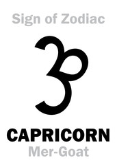 Astrology Alphabet: Sign of Zodiac CAPRICORN (The Mer-Goat). Hieroglyphics character sign (medieval holland symbol, 1557).