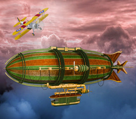  3D Illustration of Retro Steampunk Zeppelin and airplane Scene © rick