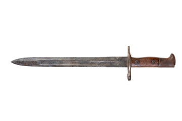 Vintage US Army bayonet from either the Boxer Rebellion or Phillippine American War eras, early 1900s, used as accessory to a Krag-Jorgensen rifle, isolated on white - obrazy, fototapety, plakaty