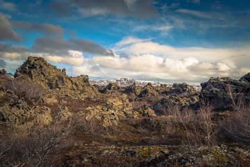 Fototapeta premium Dimmuborgir - May 06, 2018: Rocky landcape of Dimmuborgir, Iceland