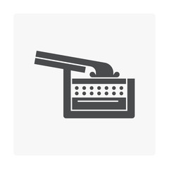 Rain gutter icon with box shape and water pouring. Include gutter guard also called gutter cover, gutter protection or leaf guard made from aluminum or plastic for protection from damage and clogged.