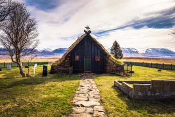 Icelandic countryside - May 08, 2018: Turf church in the countryside of Iceland