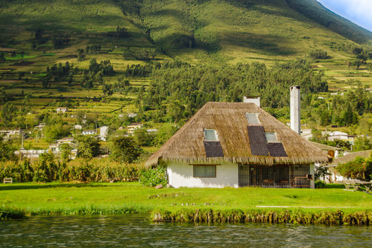 Outdoor view of typical house in Imbabura in the lakeshore of the Lake San Pablo in northern Ecuador