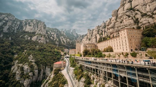 Catalonia, Spain. Santa Maria De Montserrat. Benedictine Abbey In Mountain Of Montserrat, In Monistrol De Montserrat, In Catalonia, Spain. Timelapse, Time-lapse