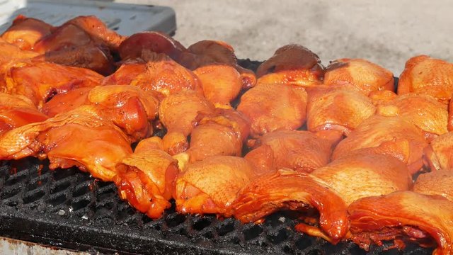 Panning view of tasty ayam madu percik (Honey chicken) selling in Ramadan Bazaar during the holy month of Ramadan.