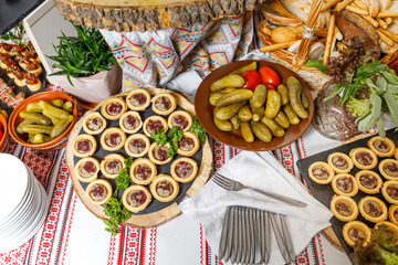 Beautifully decorated catering banquet table with different food