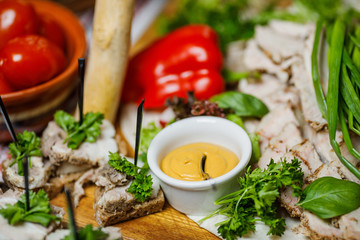 Beautifully decorated catering banquet table with different food