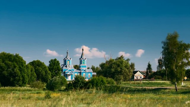 Time Lapse, Timelapse. Old Orthodox Church of the Nativity of the Virgin Mary At Sunset In Village Krasnyy Partizan, Dobrush District, Gomel Region, Belarus