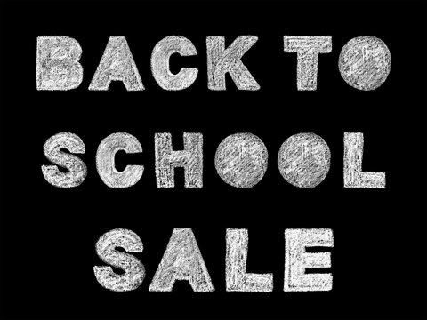 handwritten white bold chalk lettering back to school sale text on black background, hand-drawn chalk phrase, back to school concept, stock photo image