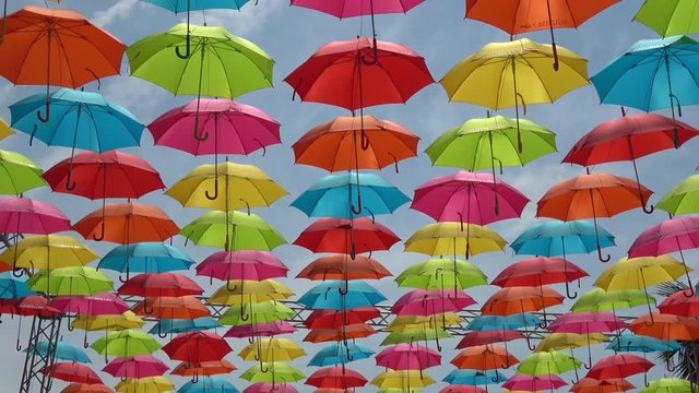 Colorful umbrellas hanging in the sky