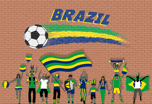 Brazilian football fans cheering with Brazil flag colors in front of soccer ball graffiti