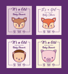 Icon set of baby shower invitations with cute animals over purple background, colorful design. vector illustration