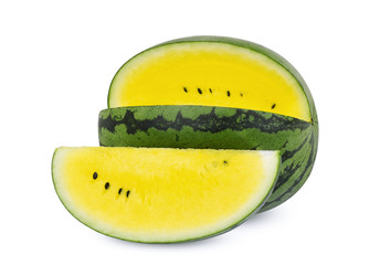 whole and slice yellow watermelon isolated on white background