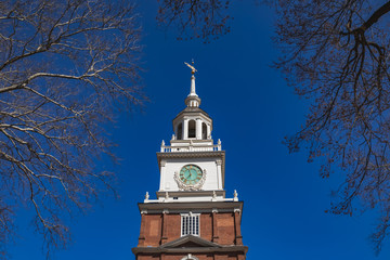 independence Hall clock tower in Philadelphia, PA, where the Declaration of Independence and US Constitution were debated, drafted and signed.