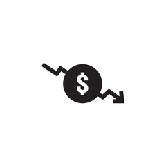 dollar decrease icon. Money symbol with arrow stretching rising drop fall down. Business cost reduction icon. vector illustration.