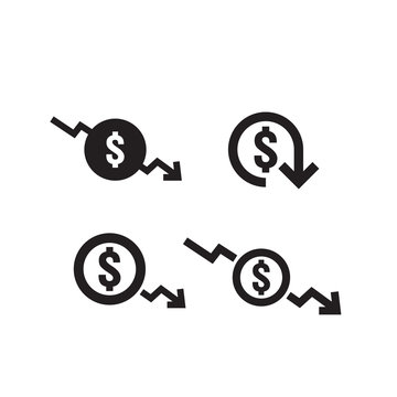 dollar decrease icon set. Money symbol with arrow stretching rising drop fall down. Business cost reduction icon. vector illustration.