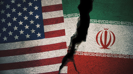 United States vs Iran Flags on Cracked Wall
 - obrazy, fototapety, plakaty