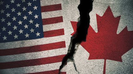 United States vs Canada  Flags on Cracked Wall
